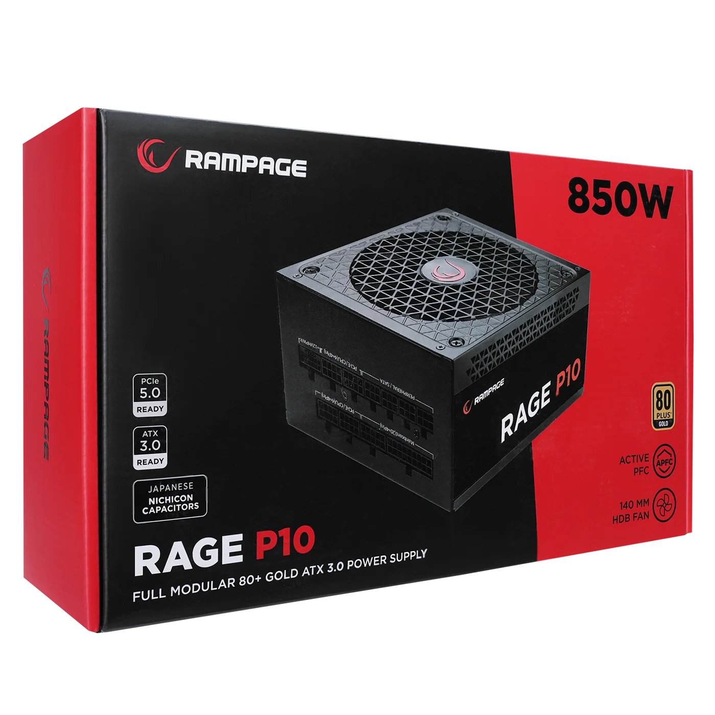 Rampage RAGE P10 850W 80+ GOLD APFC 14cm Long Life HDB Fan ATX3.0+PCIE5.0 Gaming Power Supply