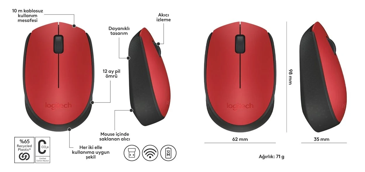 LOGITECH M171 KABLOSUZ KIRMIZI MOUSE