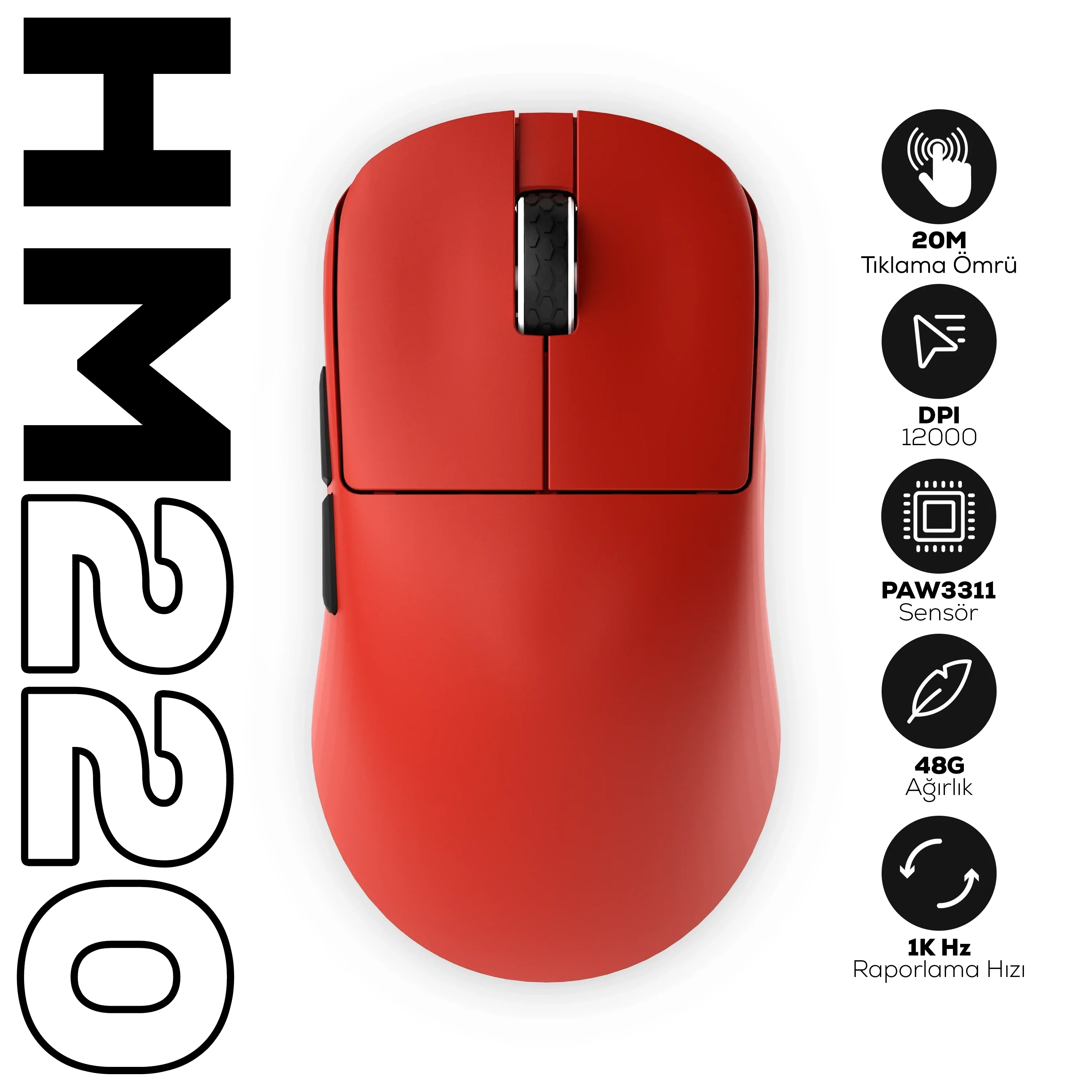 Hawk Gaming HM220 1K Hz 12000 DPI Tri-Mode Kablosuz/Bluetooth Kırmızı Gaming Oyuncu Mouse
