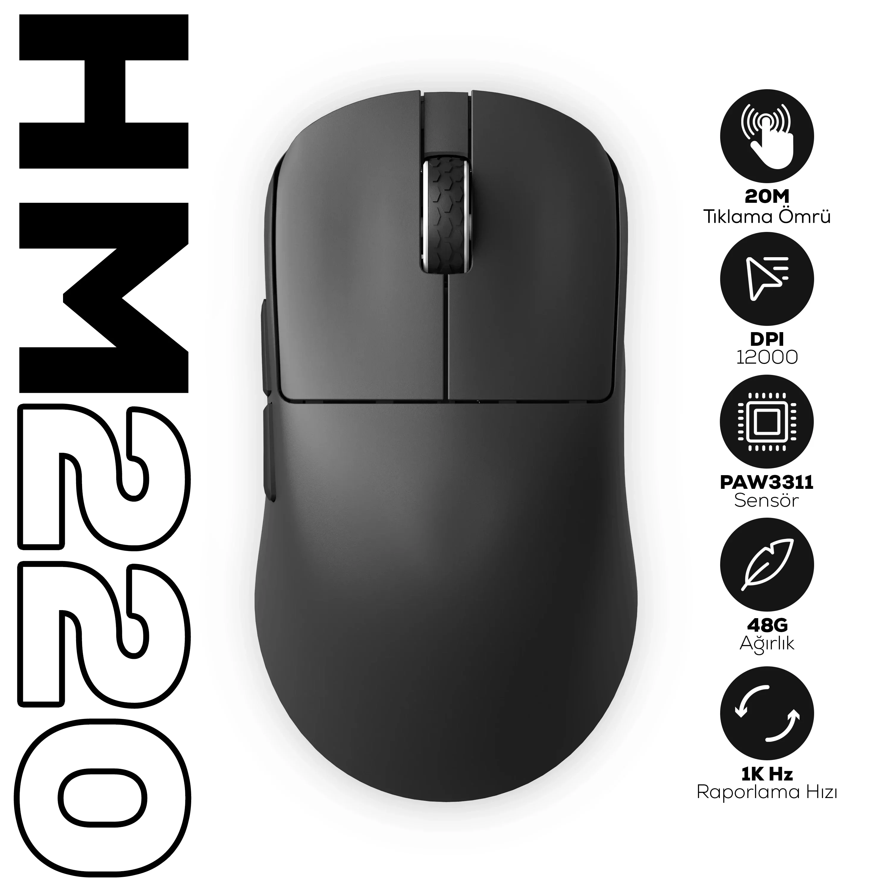 Hawk Gaming HM220 1K Hz 12000 DPI Tri-Mode Kablosuz/Bluetooth Siyah Gaming Oyuncu Mouse